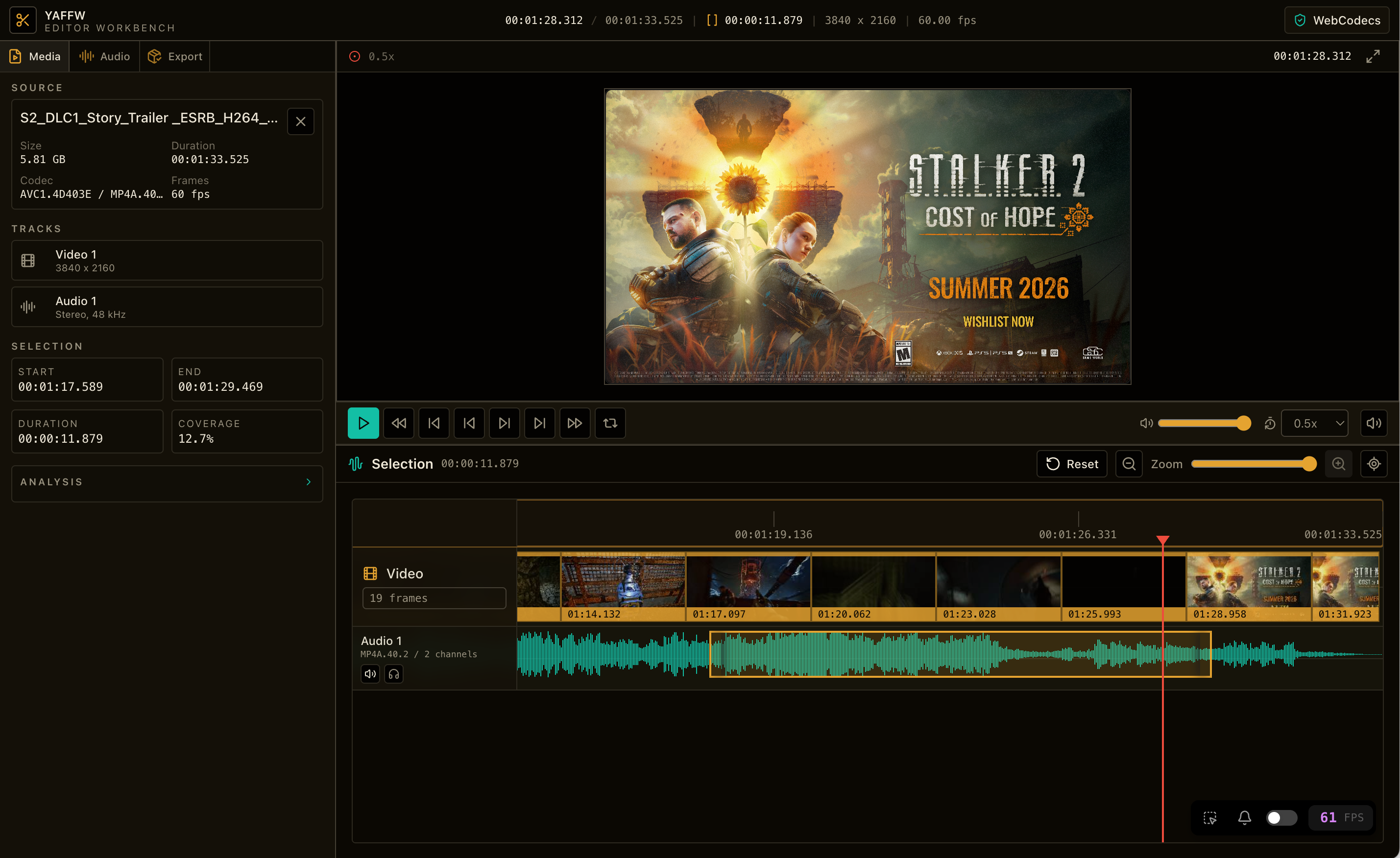 YAFFW browser-native video editor with a media preview and editing timeline